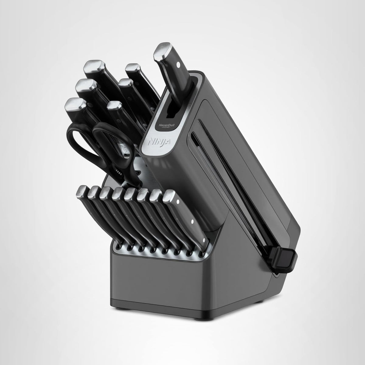 NeverDull® Knife Block Set | 17 Piece Kitchen Knife System with Built-in Sharpener | Rust Resistant, German Stainless-Steel Knives | Black | K32017