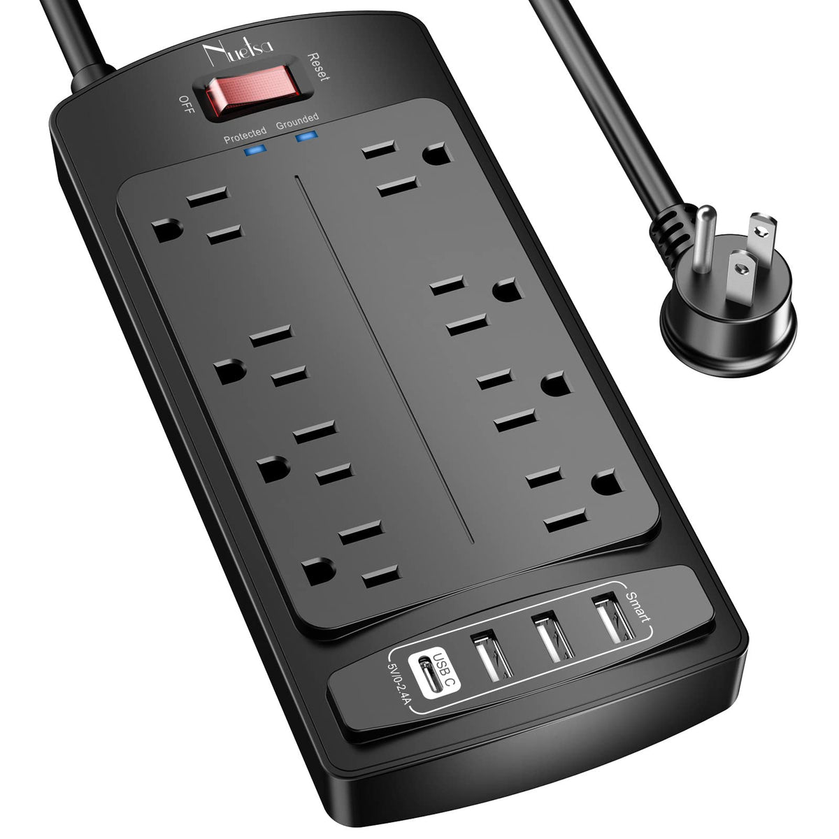 Surge Protector Power Strip - Nuetsa Flat Plug Extension Cord with 8 Outlets and 4 USB Ports, 6 Feet Power Cord, 2700 Joules, ETL Listed, Black