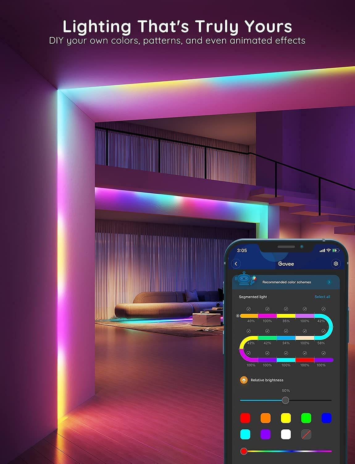RGBIC LED Strip Lights, Smart LED Lights for Bedroom, Bluetooth LED Lights APP Control, DIY Multiple Colors on One Line, Color Changing LED Strip Lighting Music Sync, Home Decor, 16.4ft