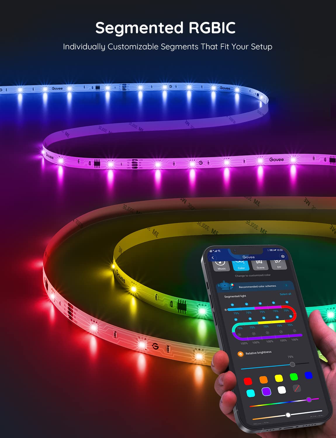 RGBIC LED Strip Lights, Smart LED Lights for Bedroom, Bluetooth LED Lights APP Control, DIY Multiple Colors on One Line, Color Changing LED Strip Lighting Music Sync, Home Decor, 16.4ft