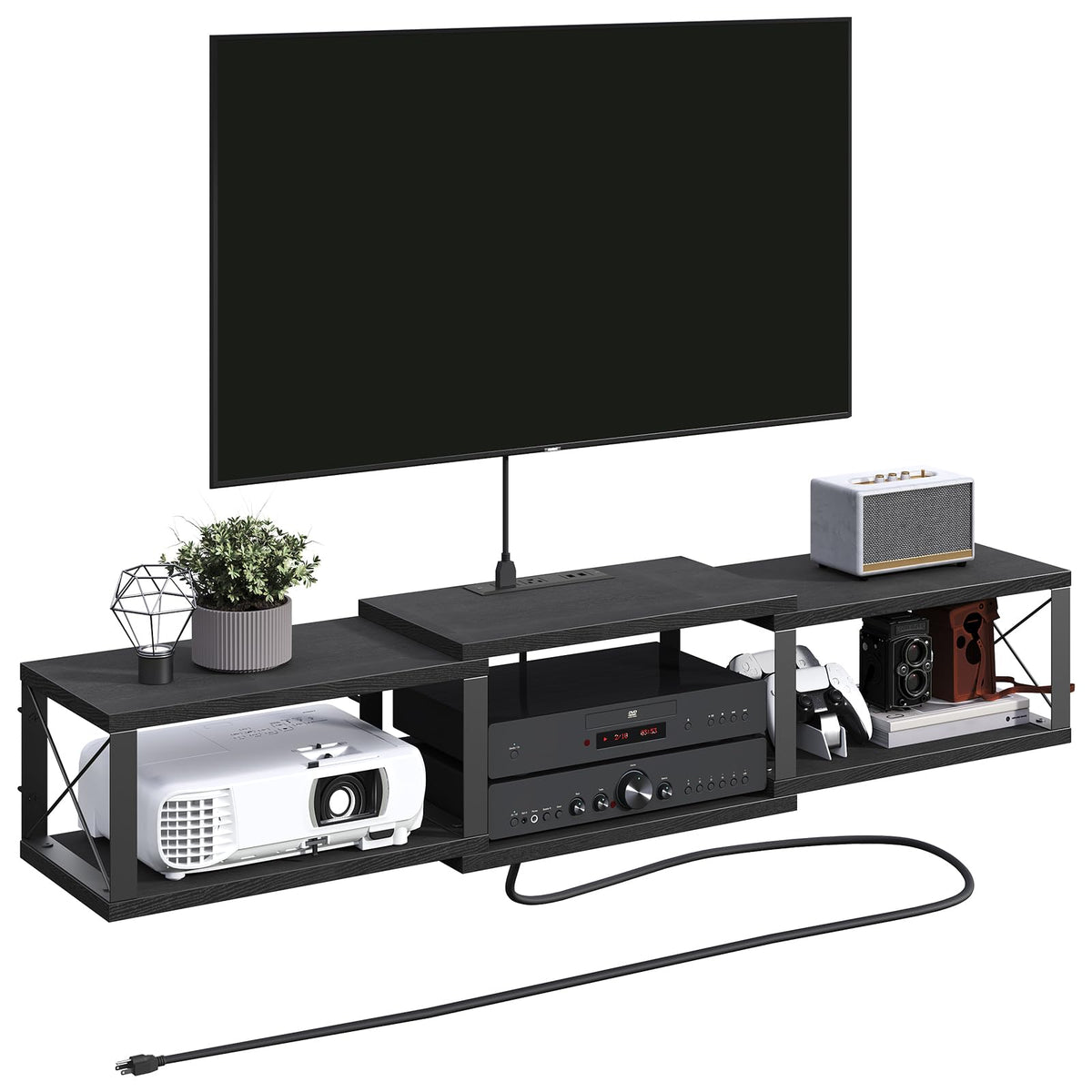 MAHANCRIS 43.7” Floating TV Stand with Power Outlet, Wall-Mounted Entertainment Center, Floating Metal Frame Media Console Shelf for Under TV Storage, for Living Room, Bedroom, Black TVHB101E01