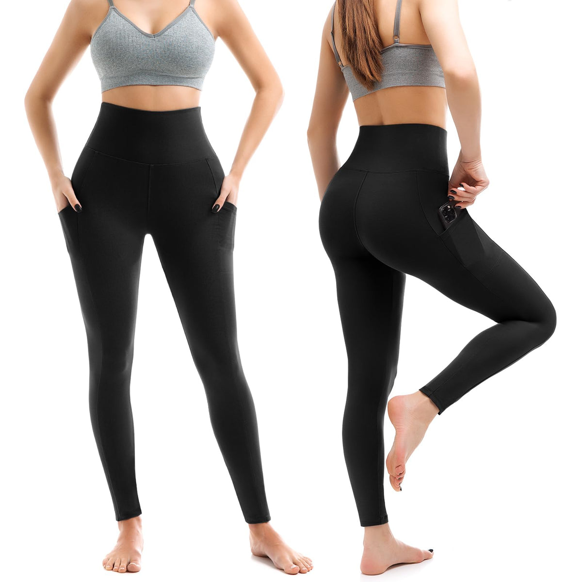 2 Pack Leggings with Pockets for Women, High Waisted Soft Leggings for Yoga Gym Black SM