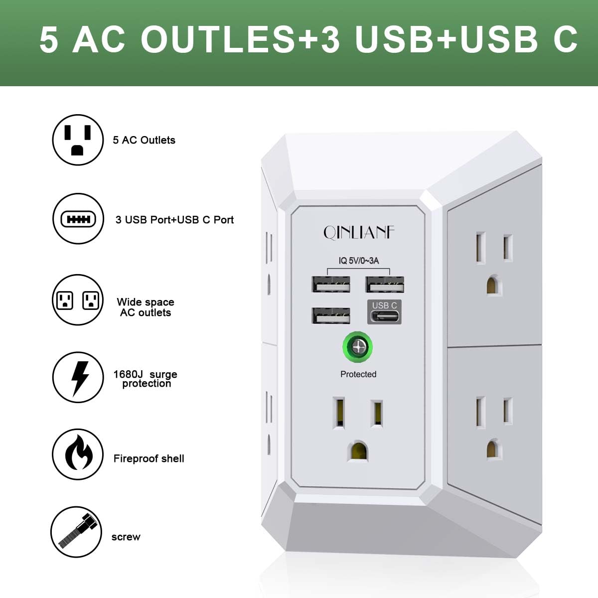 Wall Charger, Surge Protector, QINLIANF 5 Outlet Extender with 4 USB Charging Ports, 3-Sided 1680J Power Strip Multi Plug Adapter Spaced for Home Travel Office