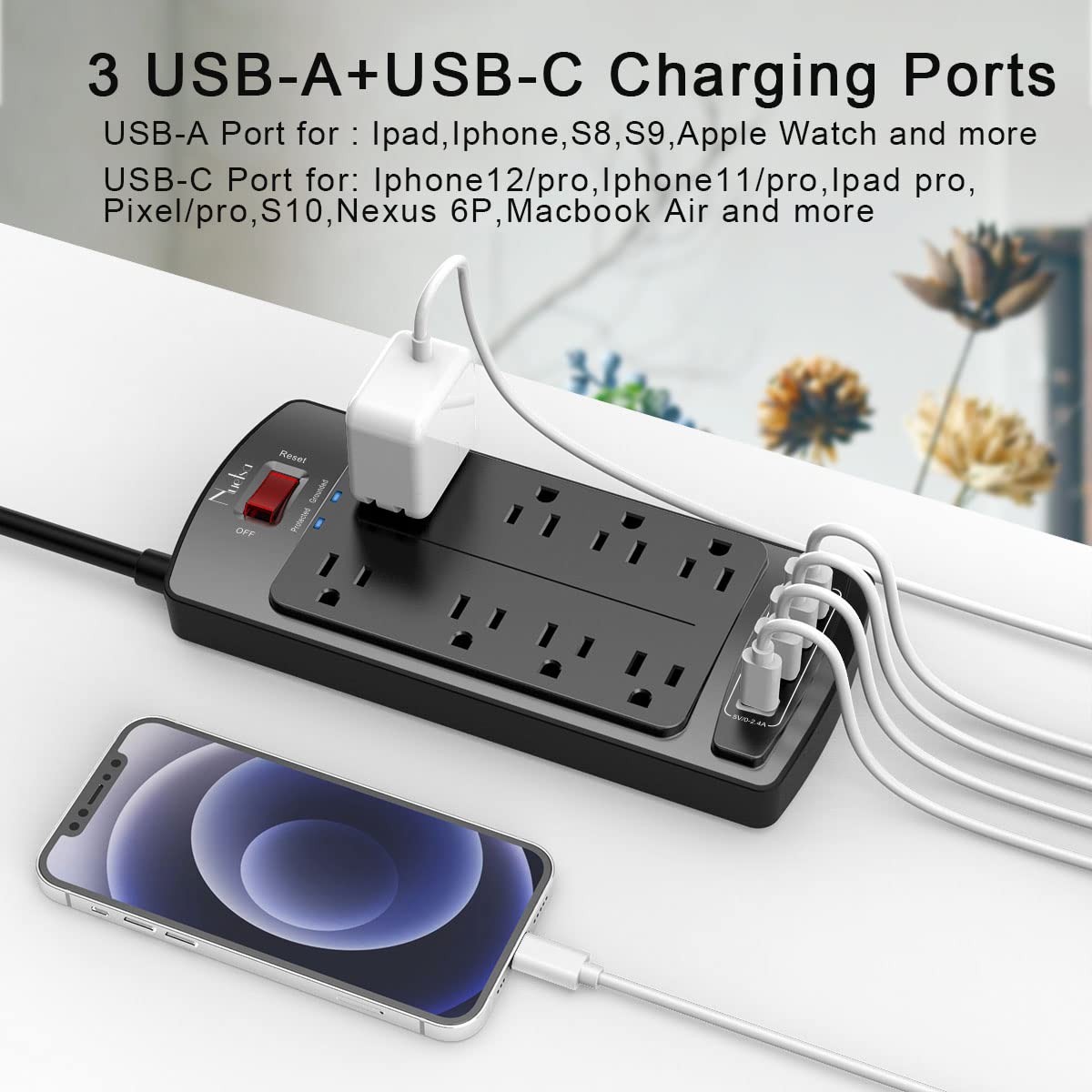 Surge Protector Power Strip - Nuetsa Flat Plug Extension Cord with 8 Outlets and 4 USB Ports, 6 Feet Power Cord, 2700 Joules, ETL Listed, Black