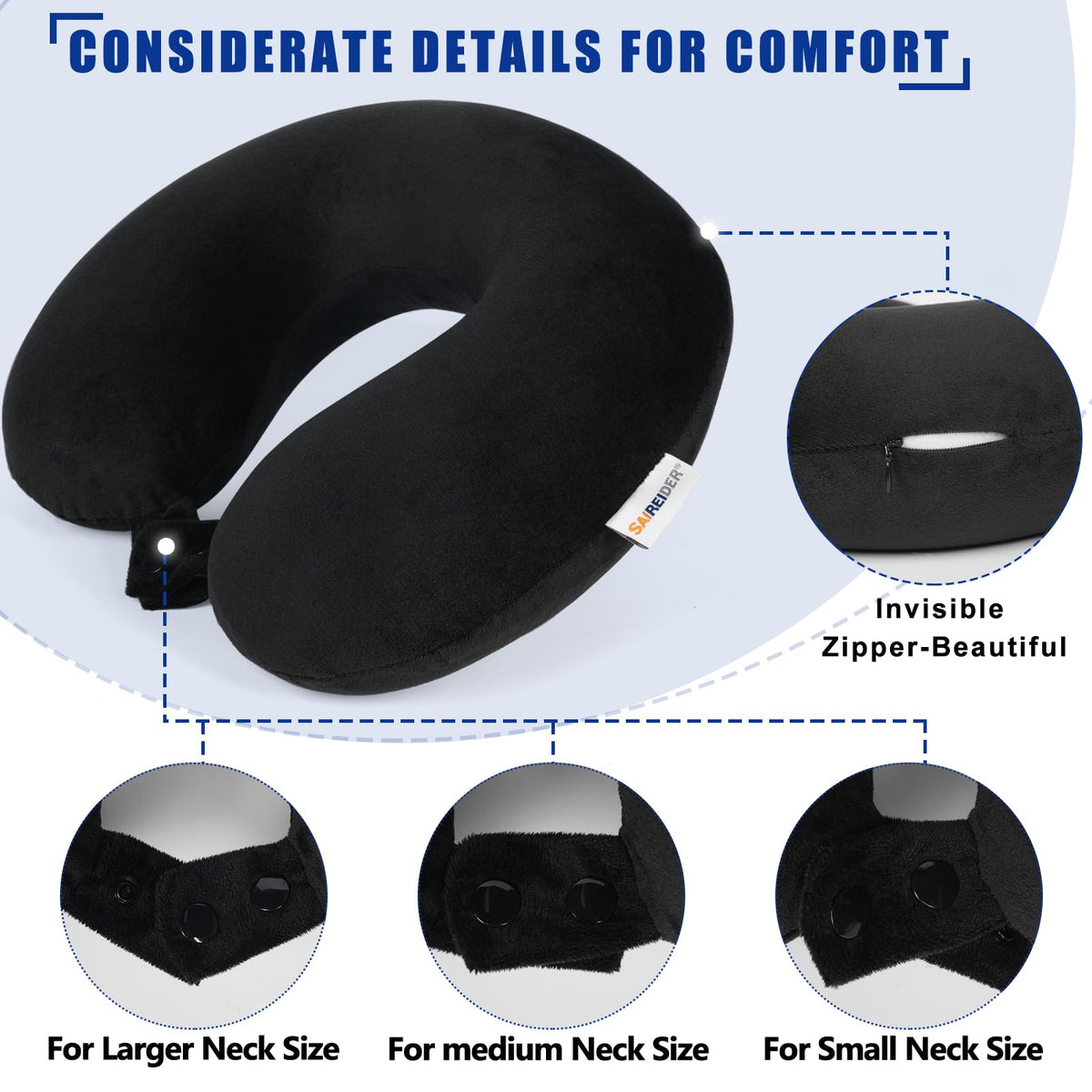 Travel Pillow 100% Pure Memory Foam Travel Neck Pillow, Airplane Pillow for Traveling、Car、Home、Office,Washable Cover(Black)
