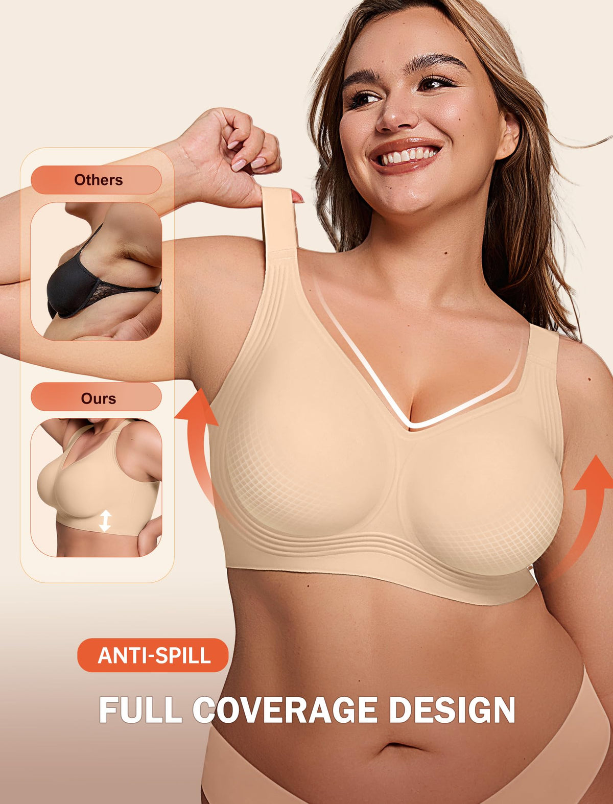 LetsJoli Jelly Bras for Women Supportive Wireless Push Up Bra Full Coverage No Underwire Seamless Plus Size for Older Women(Nude,XL)
