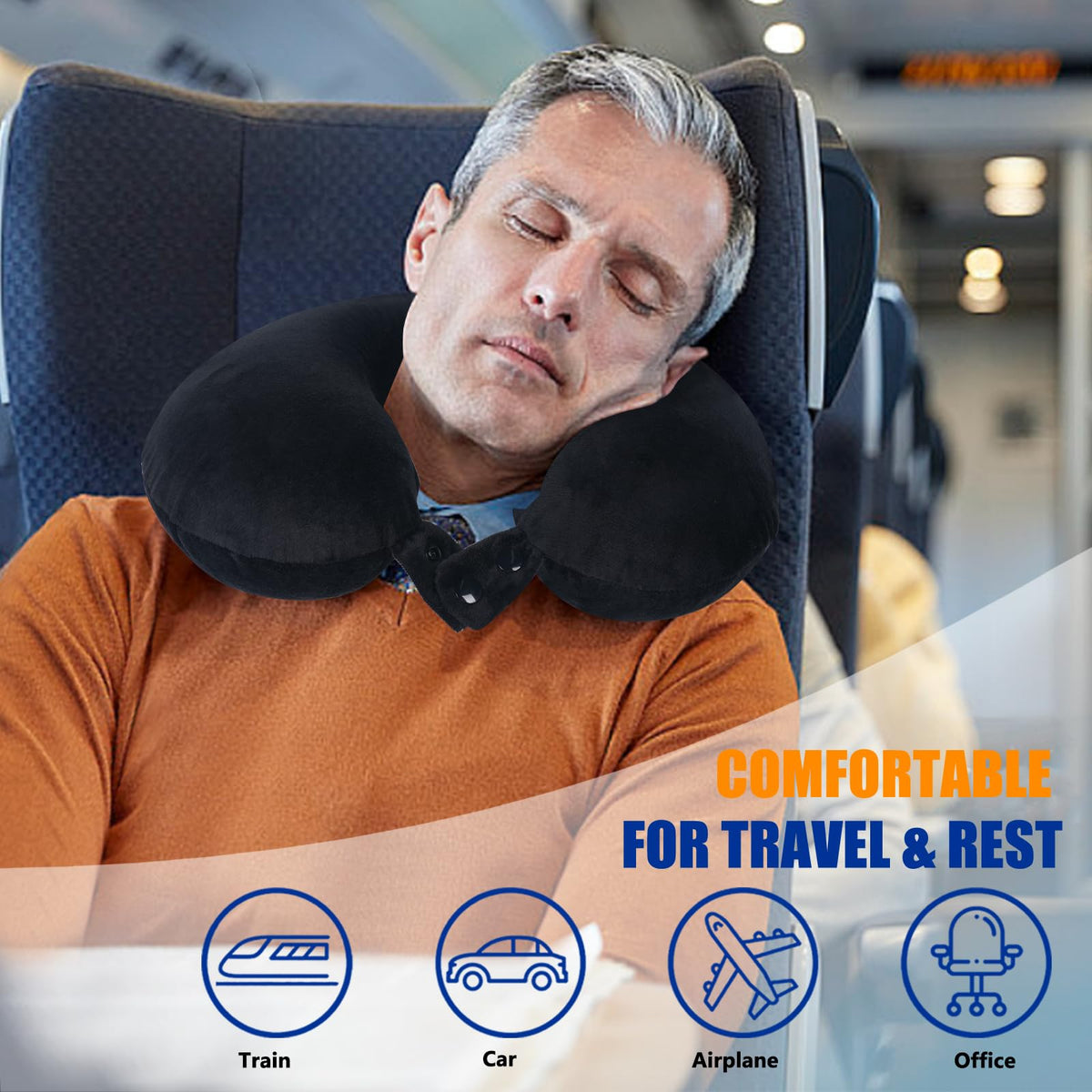 Travel Pillow 100% Pure Memory Foam Travel Neck Pillow, Airplane Pillow for Traveling、Car、Home、Office,Washable Cover(Black)