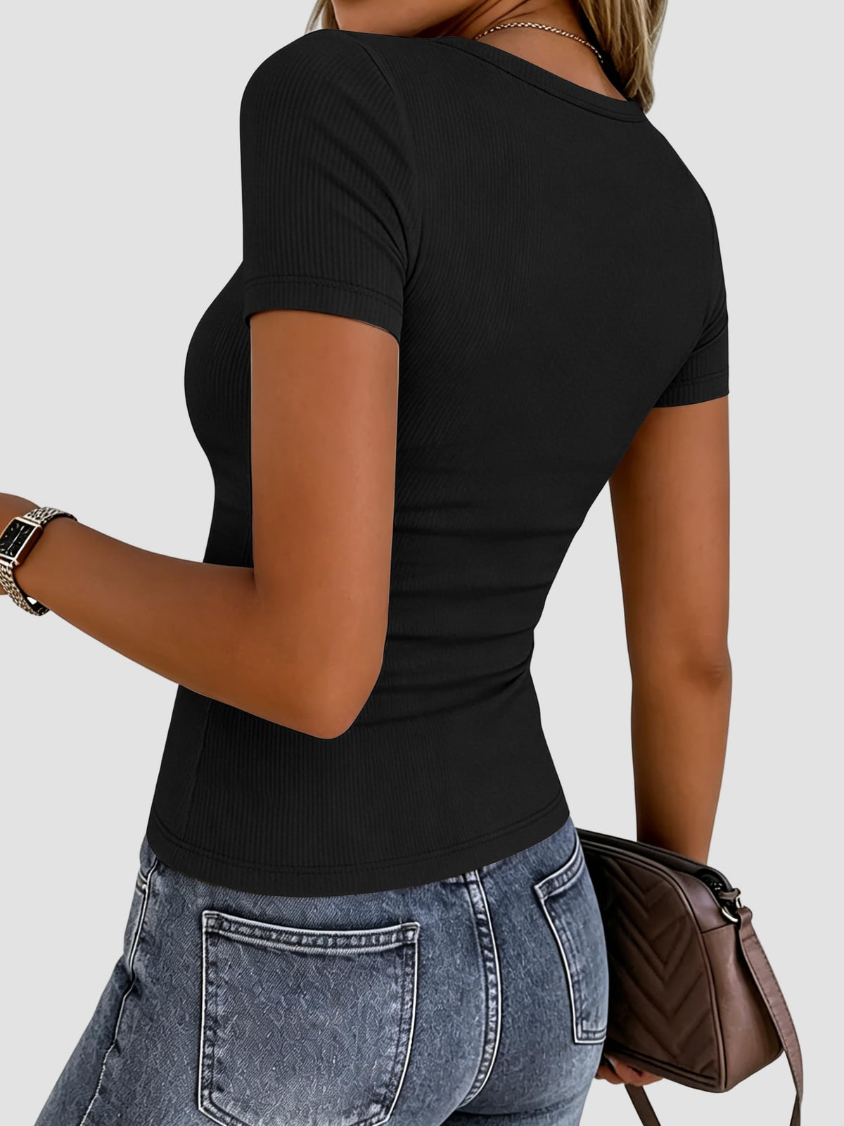 Zeagoo Womens Summer Tops Black Short Sleeve Shirt Ribbed Knit Tshirt Dressy Casual Crewneck Going Out Tees