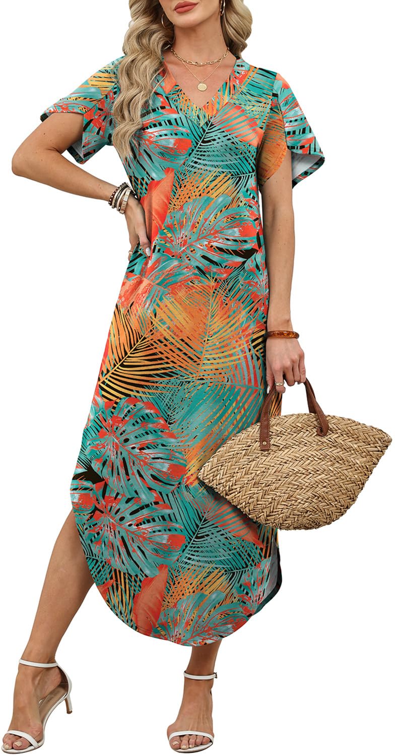 WIHOLL Dresses for Women Summer Outfits Maxi Dresses Short Sleeve T Shirt Dress Beach Vacation Clothes Resort Wear Hawaiian Dresses Midi Dress with Pockets Elegant Sundress Casual Loose Fashion XL