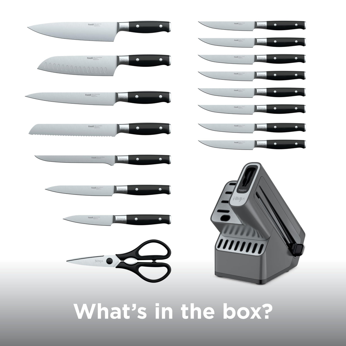NeverDull® Knife Block Set | 17 Piece Kitchen Knife System with Built-in Sharpener | Rust Resistant, German Stainless-Steel Knives | Black | K32017