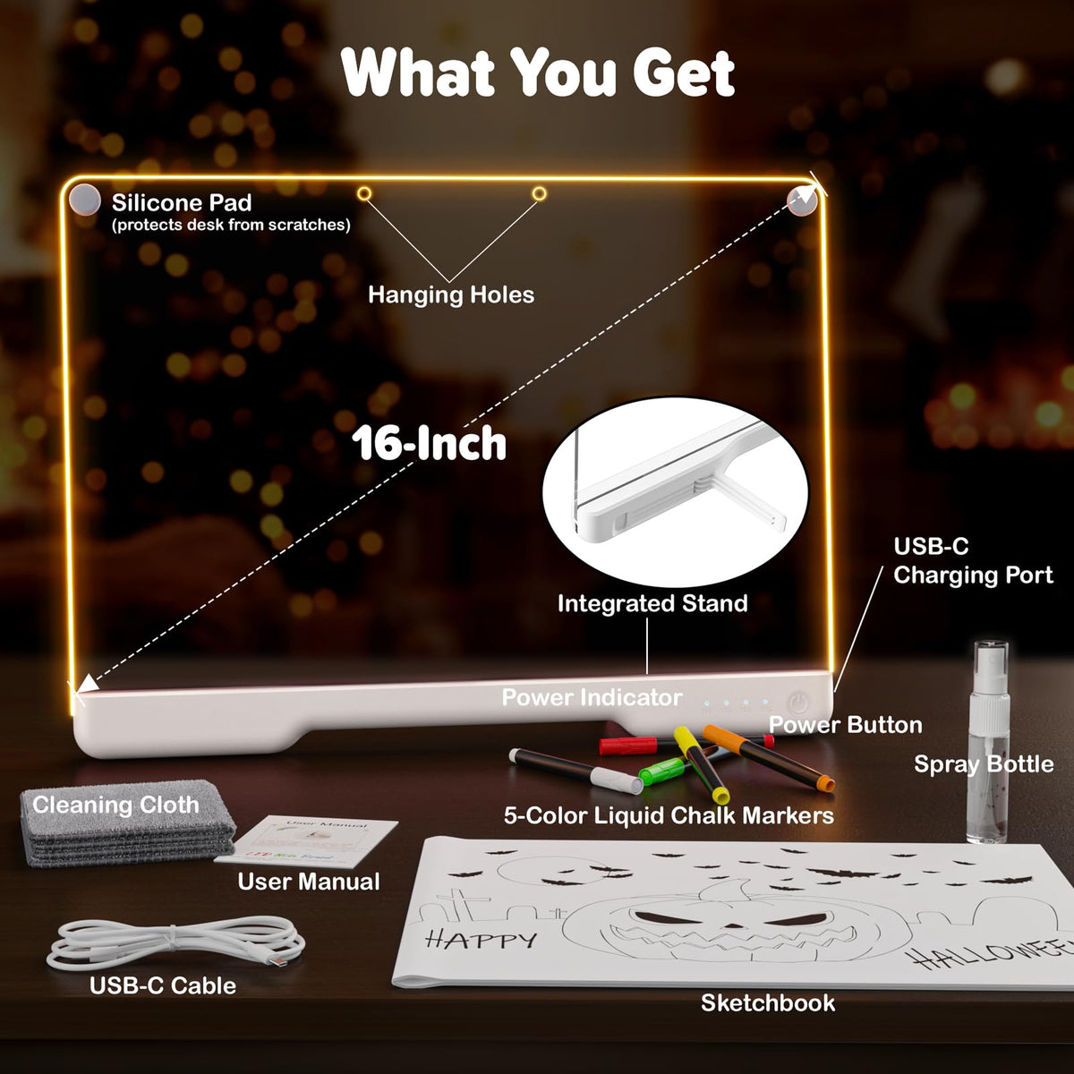 16" Rechargeable LED Drawing Board, 9-Color Light Modes, Neon Art Dry Erase Light Up Doodle Glow Pad with Built-in Stand, Sketching Gift Toy for Kids/Girls/Teens, 7 Markers & Tracing Book