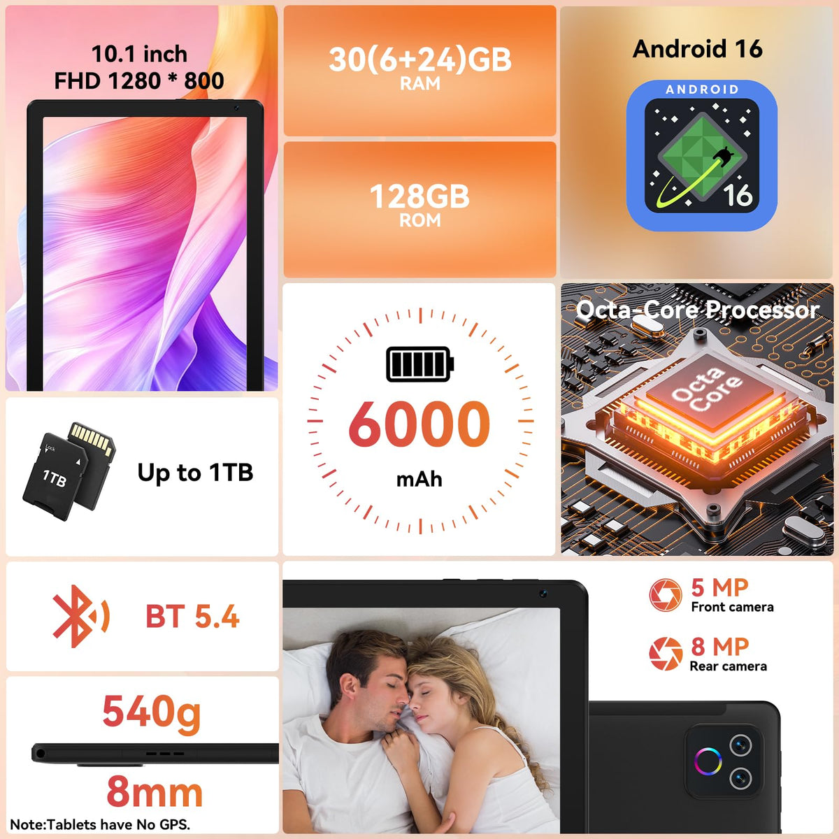 URAO Tablet,10.1" Android Tablet with Octa-core Processor 30GB RAM 128GB ROM HD IPS Touchscreen 8H Battery, Wi-Fi 6, BT 5.4, Dual Camera, Android 16 Tablets 2026