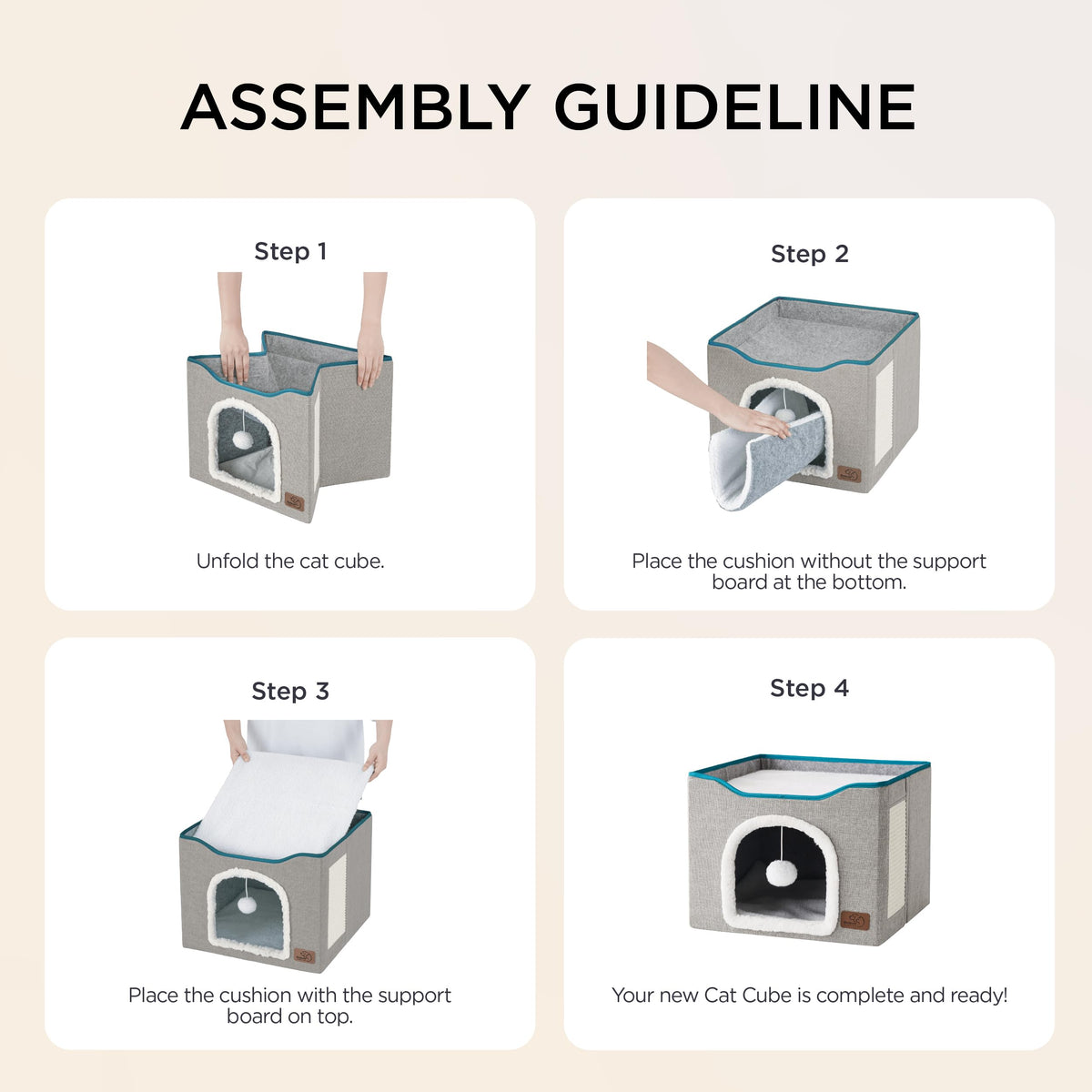 Cat Beds for Indoor Cats - Large Cat Cave for Pet Cat House with Fluffy Ball Hanging and Scratch Pad, Foldable Cat Hideaway, 16.5x16.5x13 inches, Grey