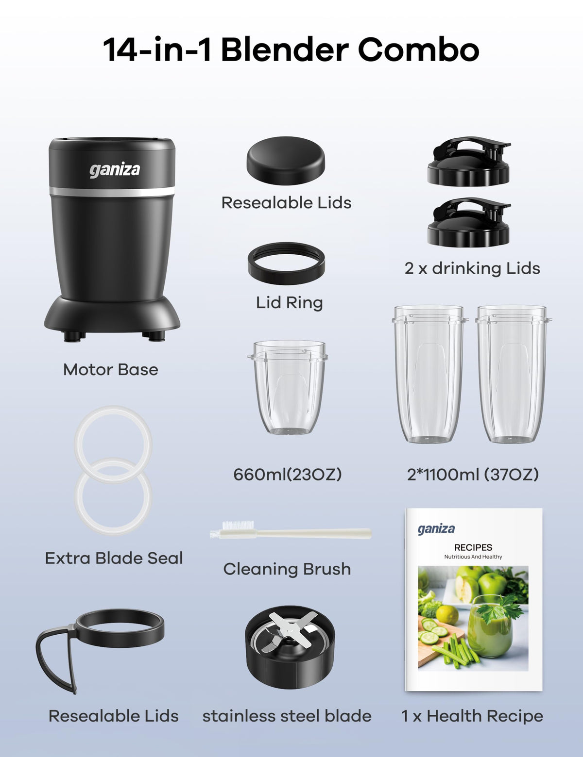 Ganiza Smoothie Blender, Max 1300 Watt Personal Blender and Grinder Combo for Kitchen, Portable Maker for Smoothies, Shakes, Frozen Drinks, Sauces with 6-Leaf Blade, 23 oz, (2) 37 oz To-Go Cups
