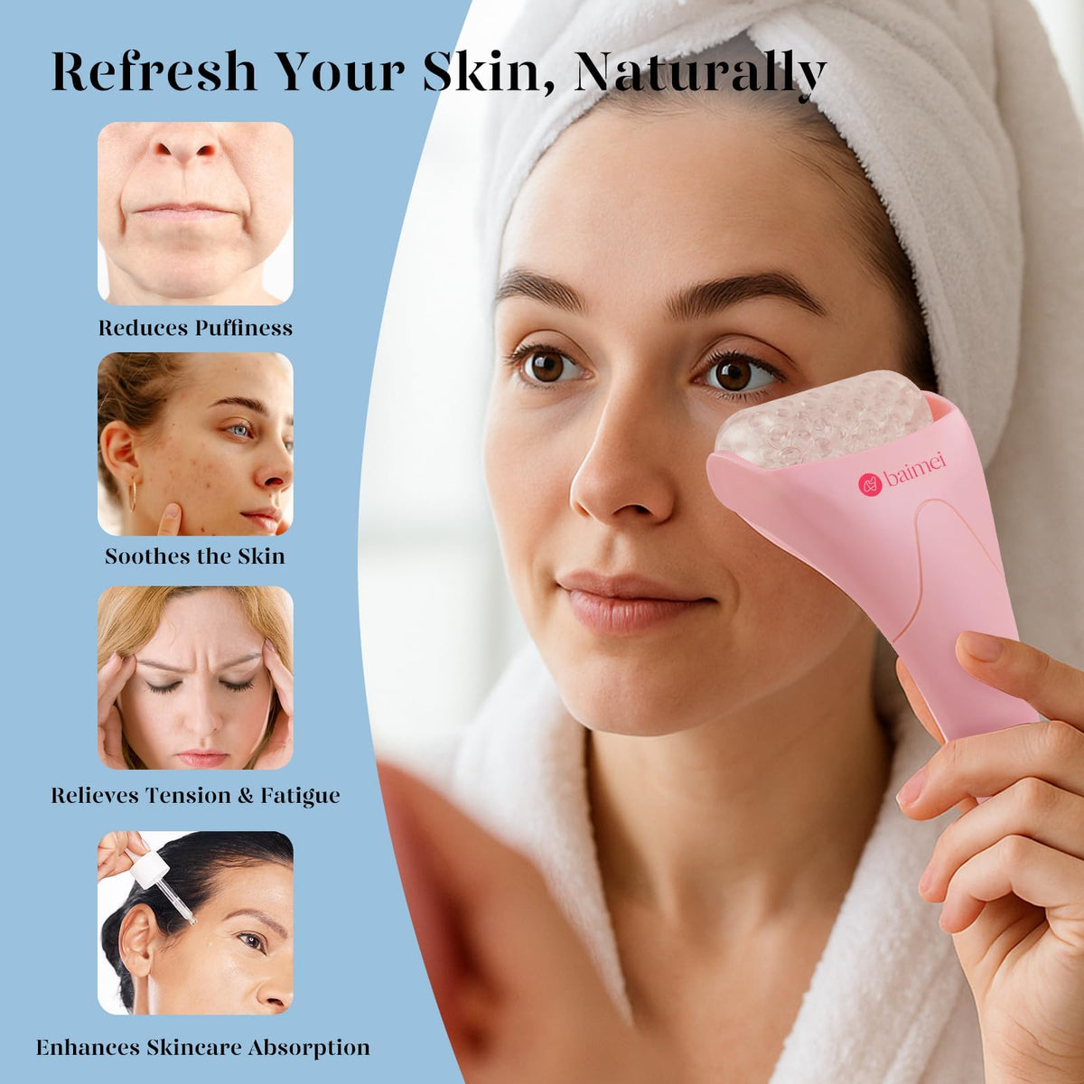IcyMe Ice Roller for Face and Gua Sha Facial Tool Set, Ice Face Roller Reduces Puffiness Relieves Migraines Skin Care Tools, Self Care for Women - Pink