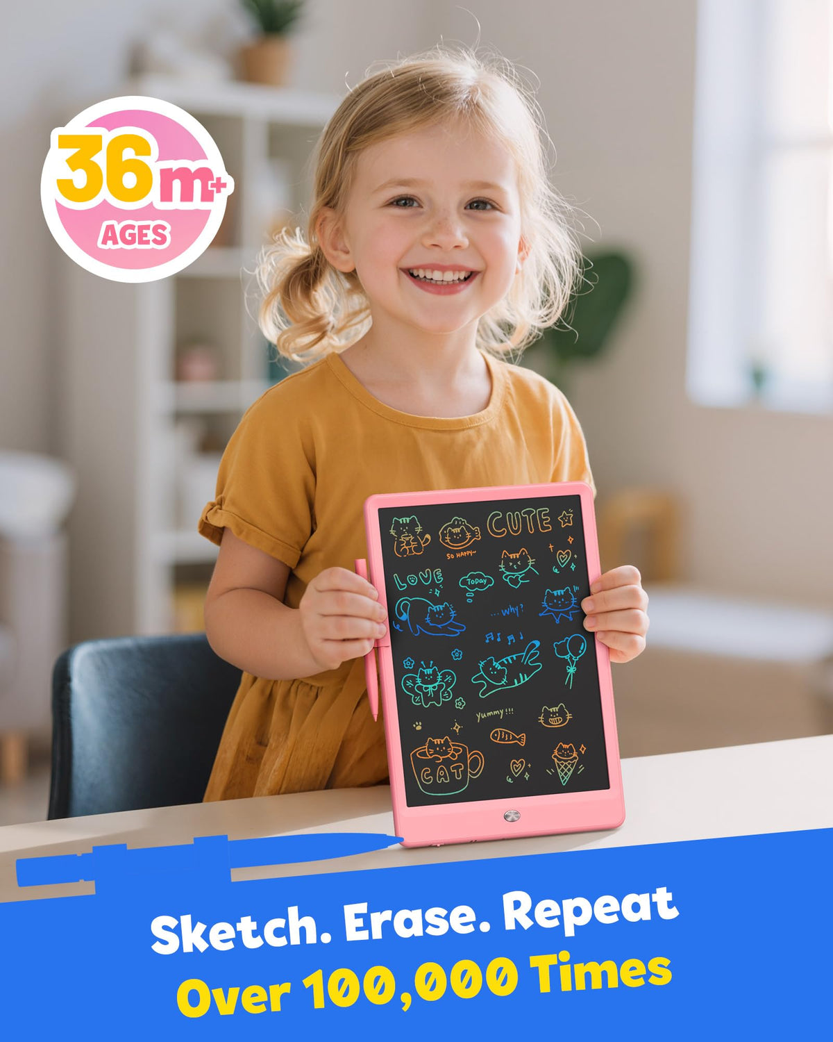 LCD Writing Tablet for Kids, 10-inch Coloring Drawing Pad, Mess Free Doodle Board, Airplane Travel Toys for Boys and Toddlers, Road Trip Essentials, Gifts for 3 4 5 6 7 8 Year Old Girls (Pink)
