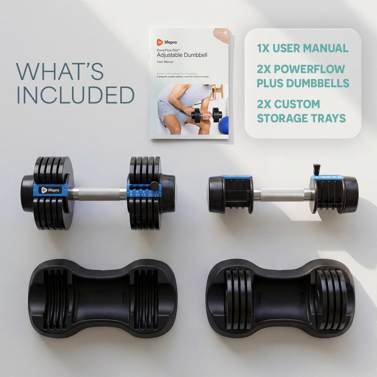 Powerflow Plus Adjustable Dumbbell Set of 2 with Rack – 5 to 25 lb Pair, Quick-Adjust Dial, Anti-Slip Grip, Space-Saving Hand Weights for Men & Women for Home Gym Strength Training