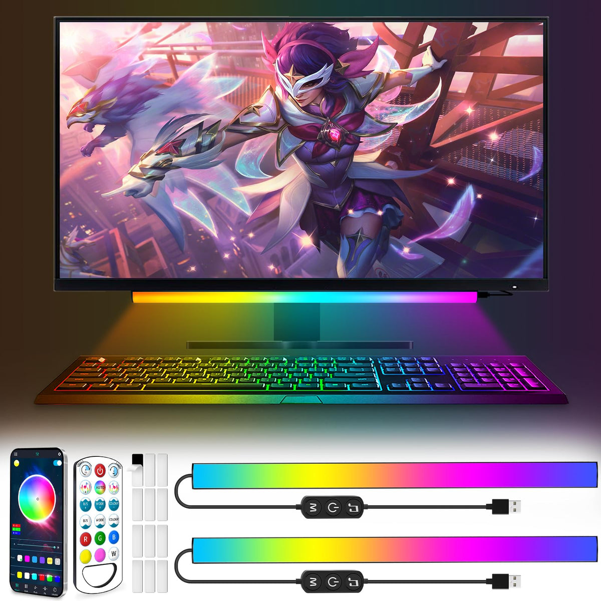 Under Monitor Light Bar, App and Remote Control Gaming Ambient Lights,Music Sync Color Changing, 16 Million Colors, Timing, USB Powered RGB Light Bar for Monitor/TV/PC Back (2pcs)