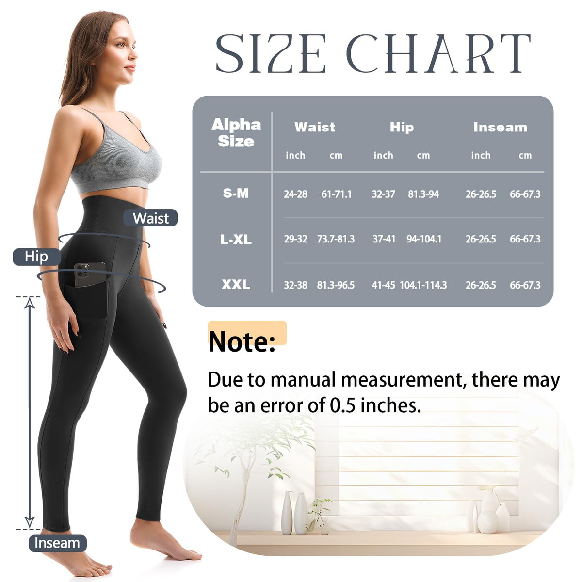 2 Pack Leggings with Pockets for Women, High Waisted Soft Leggings for Yoga Gym Black SM