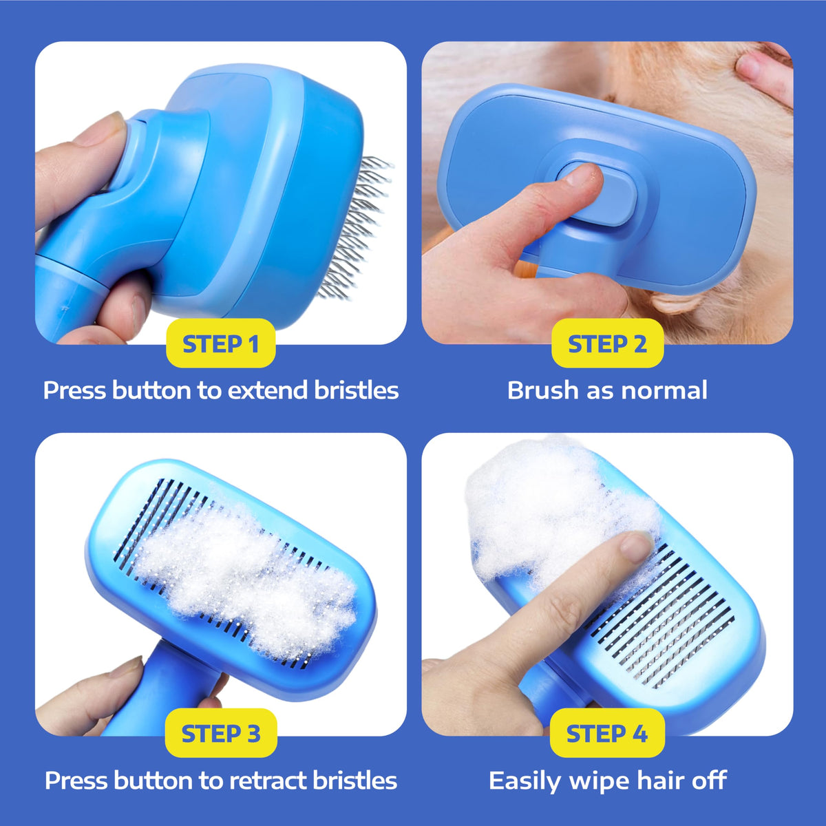 Self Cleaning Slicker Brush for Cats & Dogs – Grooming Tool for Shedding Long & Short Hair – Retractable Bristles Pet Brush – Easy-Clean Cat & Dog Deshedding – Painless Detangling - Blue