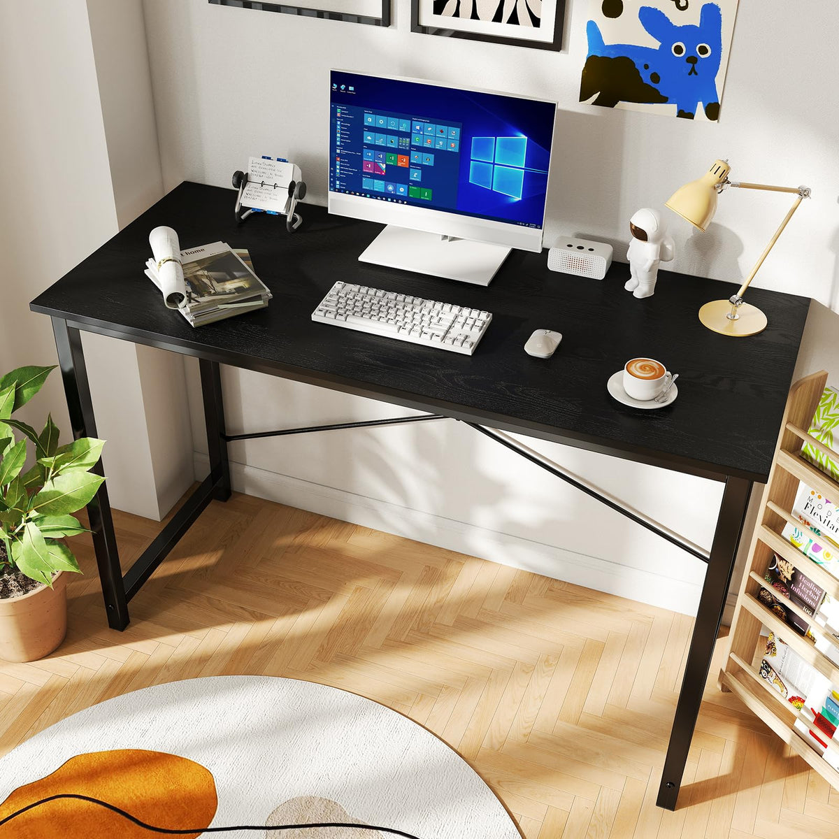 Computer Office Desk 48 Inch Student Study Writing Work with Metal Frame Wood Tabletop Modern Simple PC Home Bedroom Table - Basic Black, Compact Sturdy Desk for Laptop, Study, Gaming