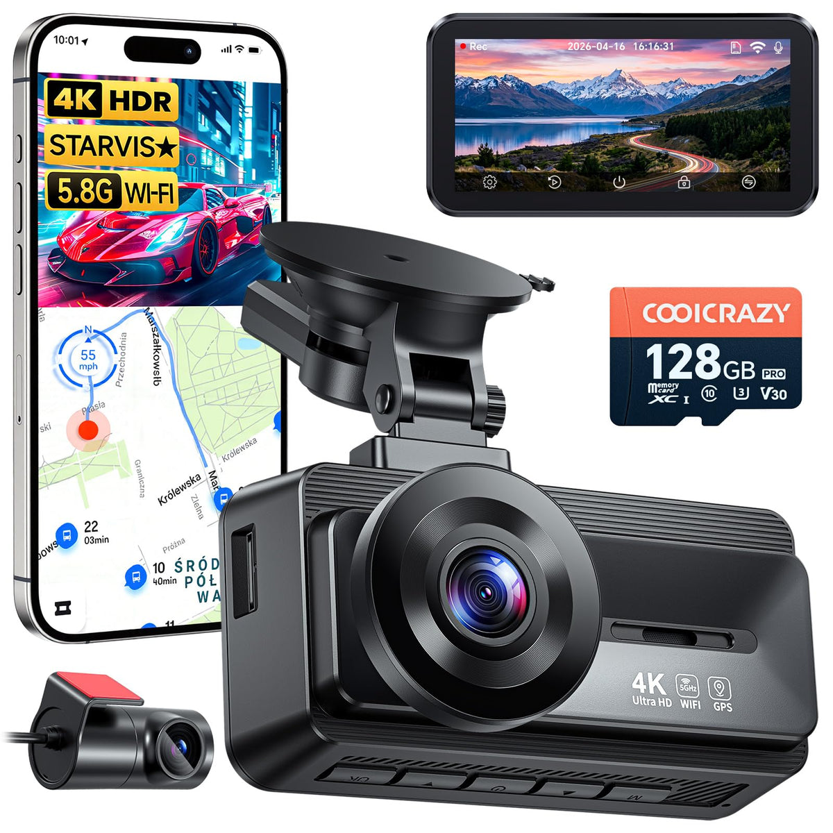 Coolcrazy 4K Dash Cam Front and Rear, STARVIS Sensor, Free 128GB Card Included, 5GHz WiFi-up to 20MB/s, Dual Dash Camera for Cars, Built-in GPS, G-Sensor, WDR/HDR Super Night Vision, 24H Parking Mode