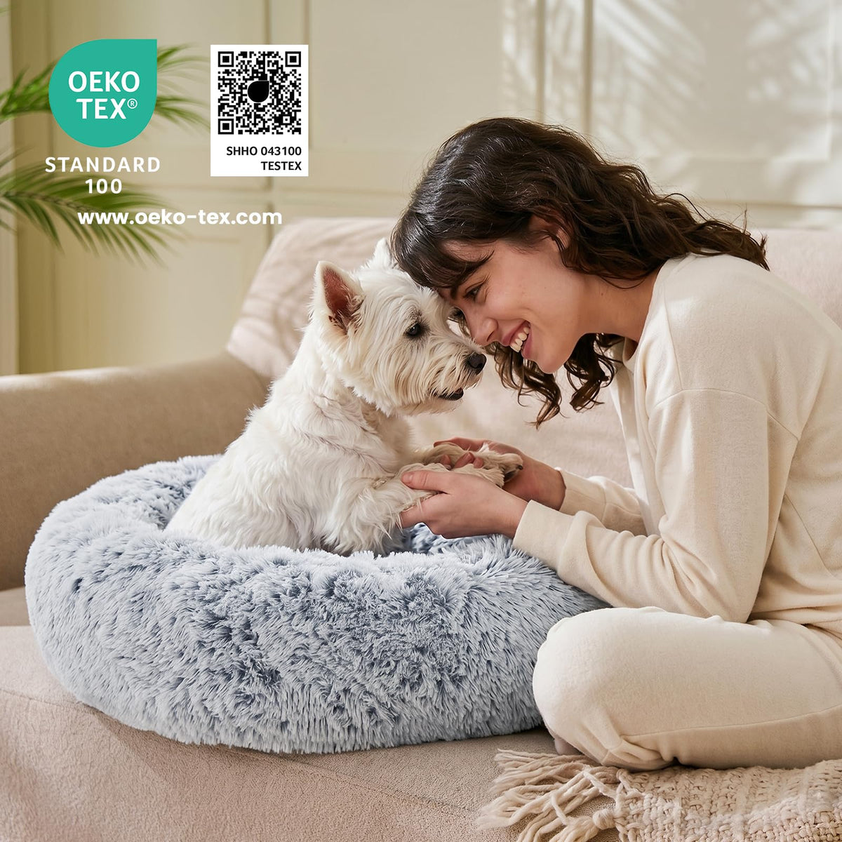Small Dog Bed, Calming Soft Anti-Anxiety Donut Cat Bed, Washable Round Fluffy Cushion for Small and Medium Pets (20")