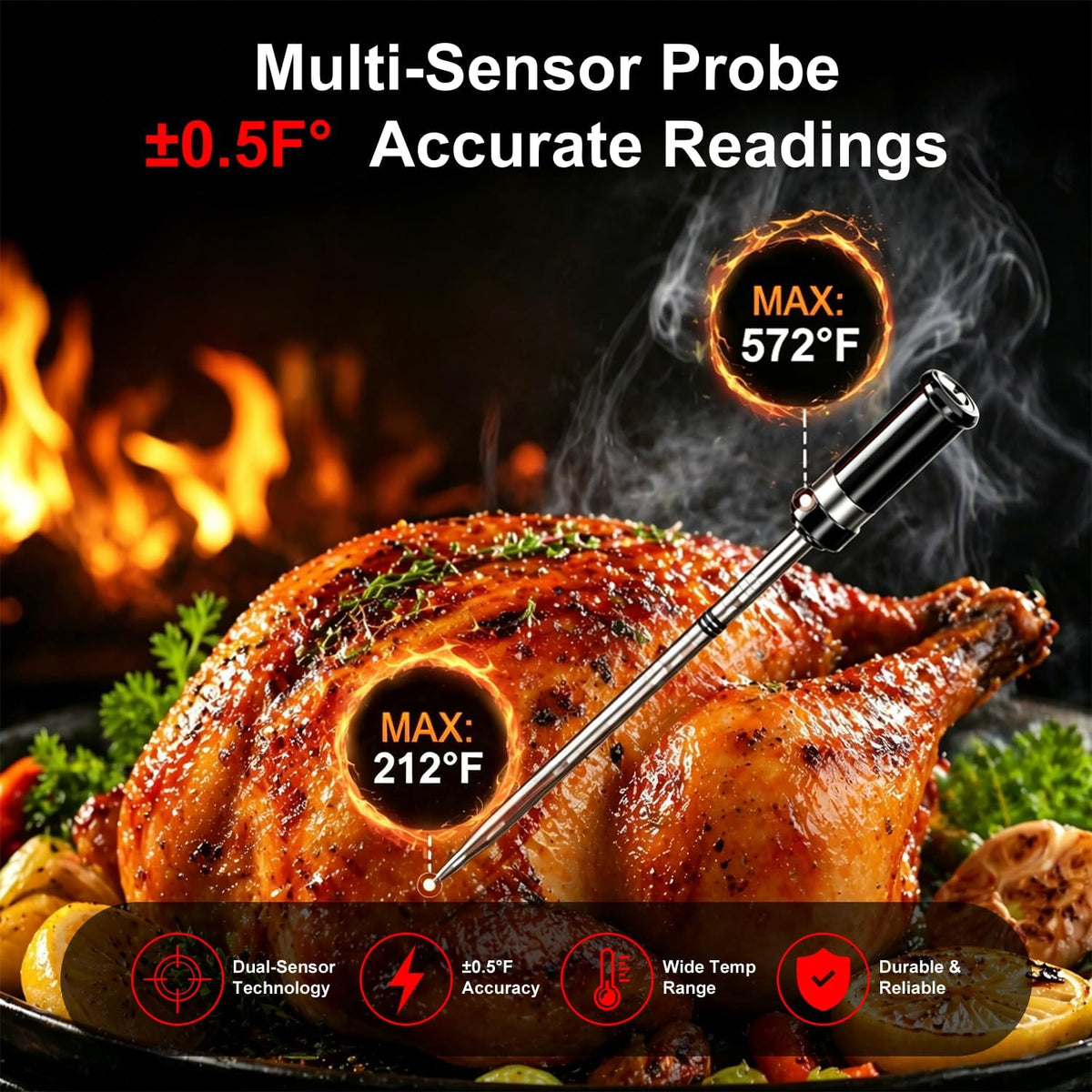 QUICKHORSE Smart Wireless Meat Thermometer IP67 Ultra-Thin Probe ±0.5℉ Accuracy Bluetooth 230ft Real-Time Monitoring & Smart Alerts with APP Standalone Display Base for BBQ, Oven, Kitchen,Grill,Smoker