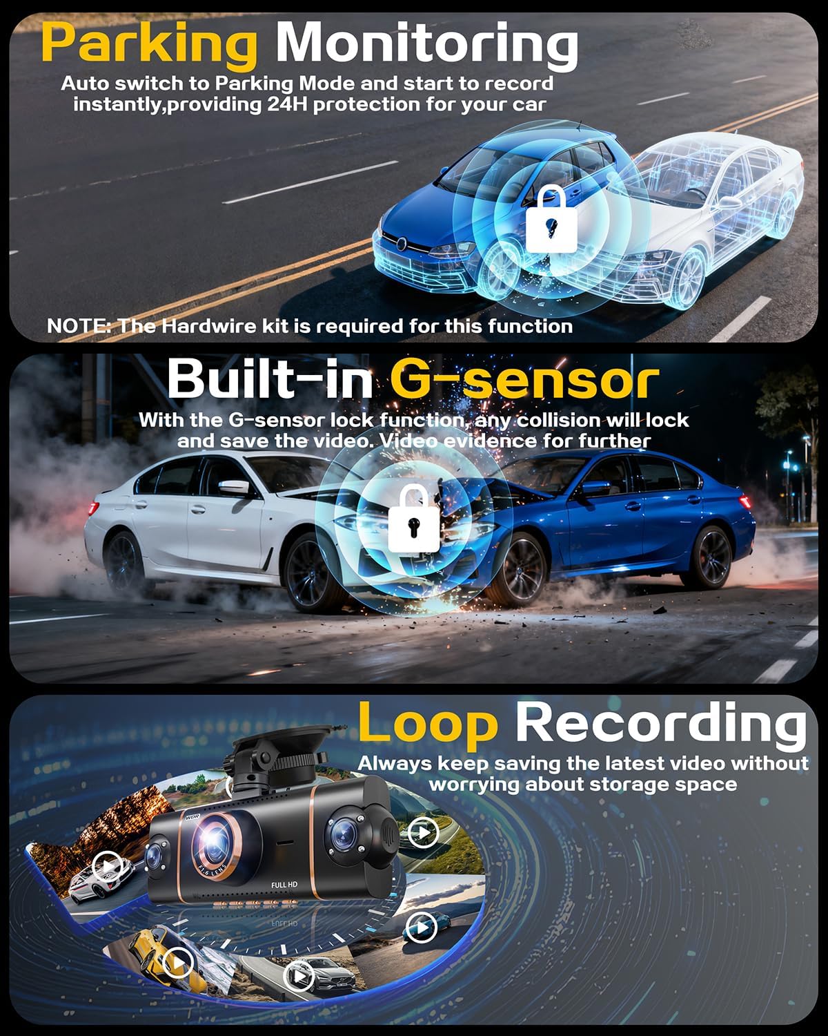 XYGCACO 4 Channel 360° Dash Cam Front Rear Inside and Left Right, 4K+1080P*3 FHD Car Camera, 5GHz WiFi and App Control, 24H Parking Mode, 8 IR Lamps Night Vision, Includes 64GB SD Card, Black