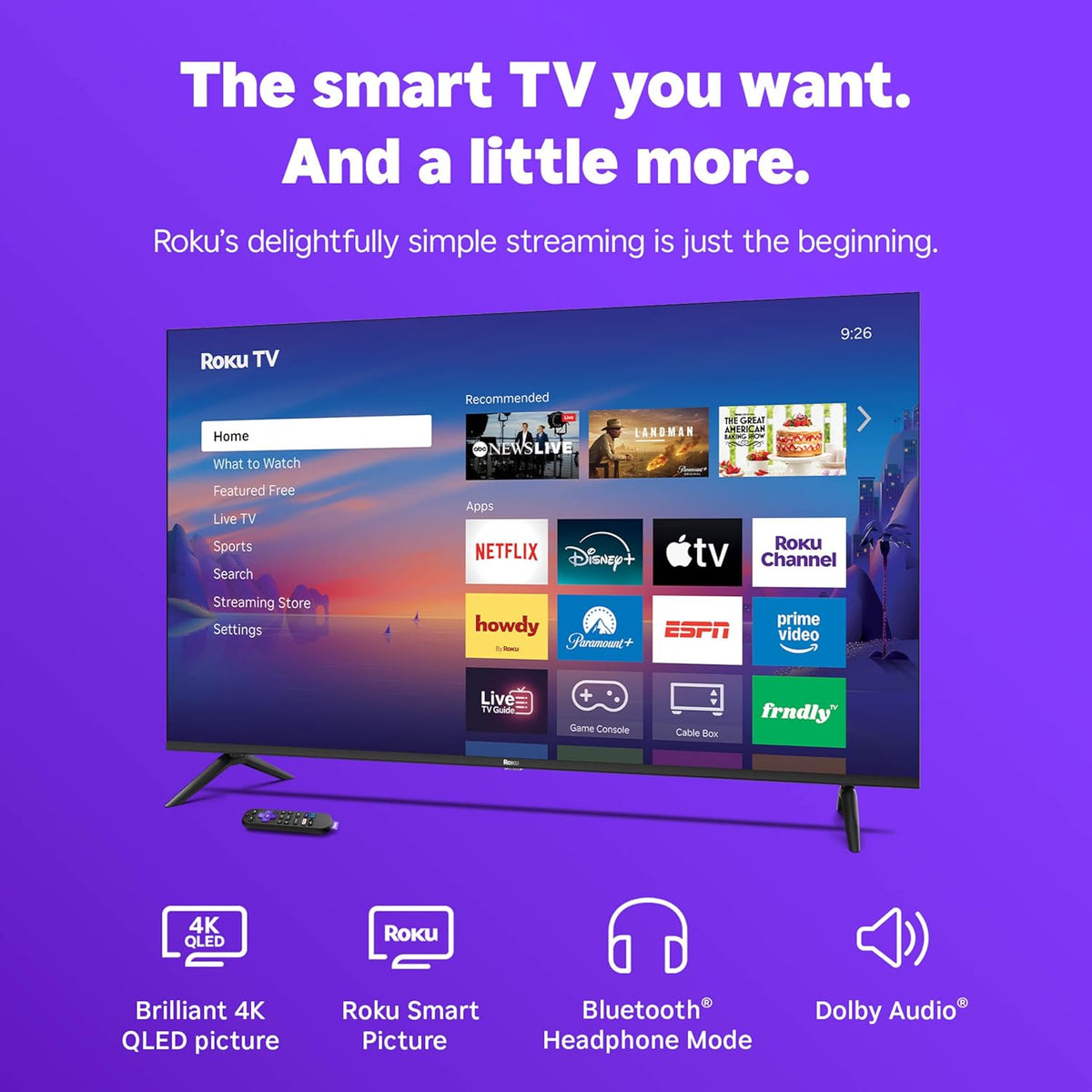 Smart TV 2026 – 55-Inch Select Series, 4K QLED TV – Roku TV with Voice Remote – Flat Screen QLED Television with Wi-Fi for Streaming Live Local News, Sports, & Movies – Bluetooth Headphone Mode