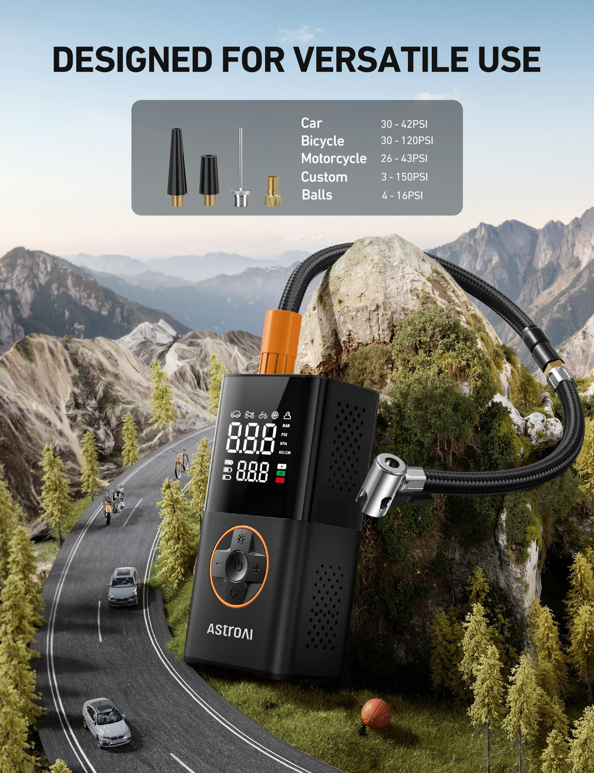 AstroAI L7 Tire Inflator Portable Air Compressor Cordless Mini Bike Pump with Digital Dual Values Display, 150 PSI Car Tires Air Pump with LED Lights&Pressure Gauge for Auto, Motorcycles, Bikes, Balls