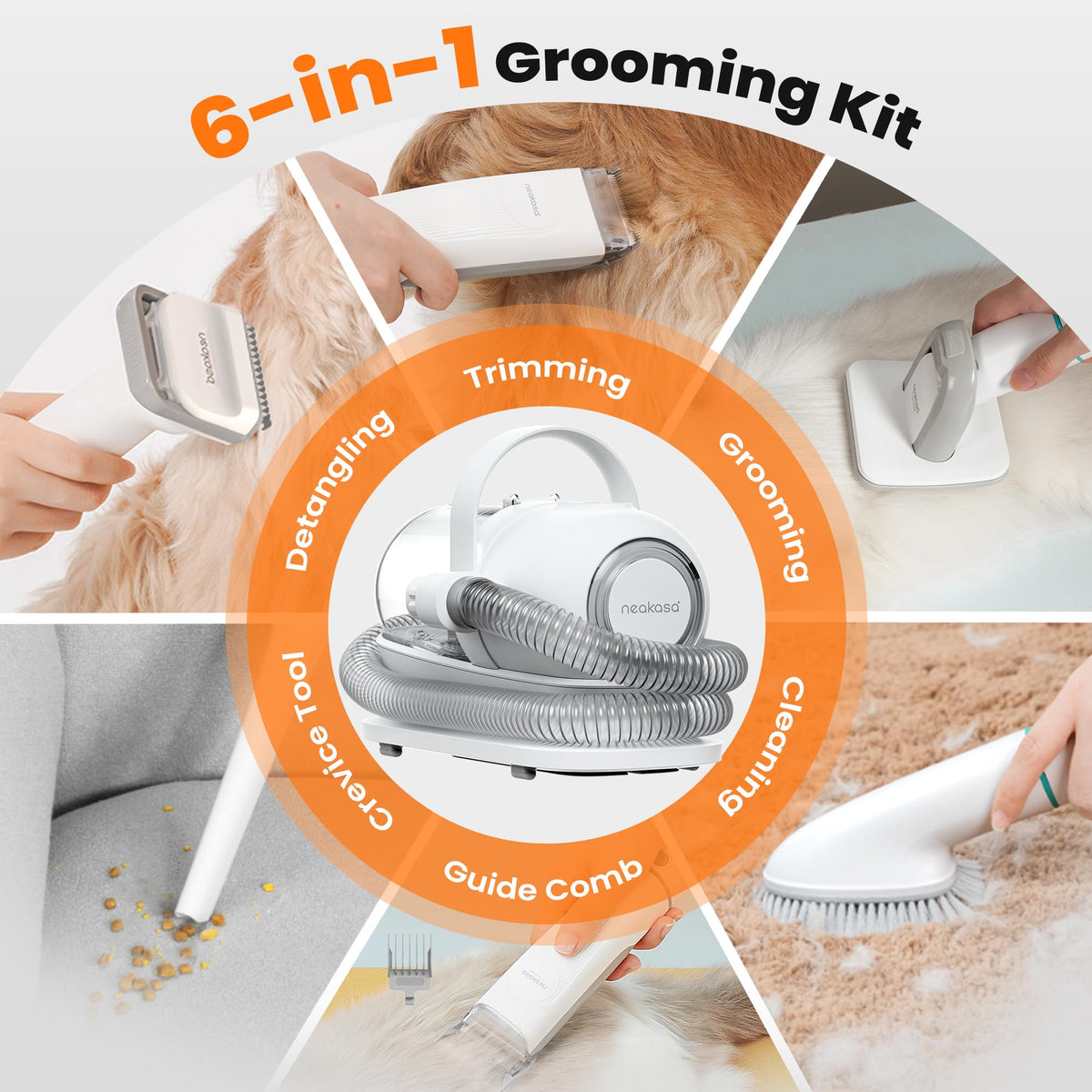 P1 Pro Dog Grooming Vacuum Kit, 6-in-1 Pet Hair Grooming with Clippers and Vacuum, 9000Pa Suction, Low Noise, 1L Dust Cup for Home Shedding & Trimming