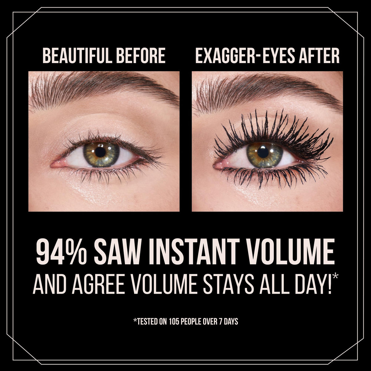 Exagger-Eyes Volume Mascara - Volumizing Black Mascara with 28-Hour Smudge-Proof & Flake-Proof Wear - Designed with a Ultra-Curved Brush