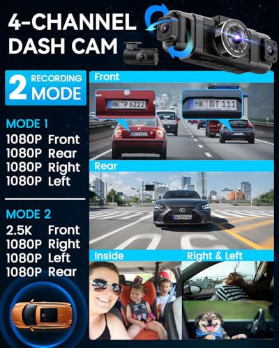 IIWEY N5 4 Channel Dash Cam 360° View, 1080P Front and Rear Inside, Left Right Dash Camera for Cars, 8 IR Lamps Night Vision, 5G WiFi & APP Control, G-Sensor, Parking Mode, with a Free 128GB SD Card