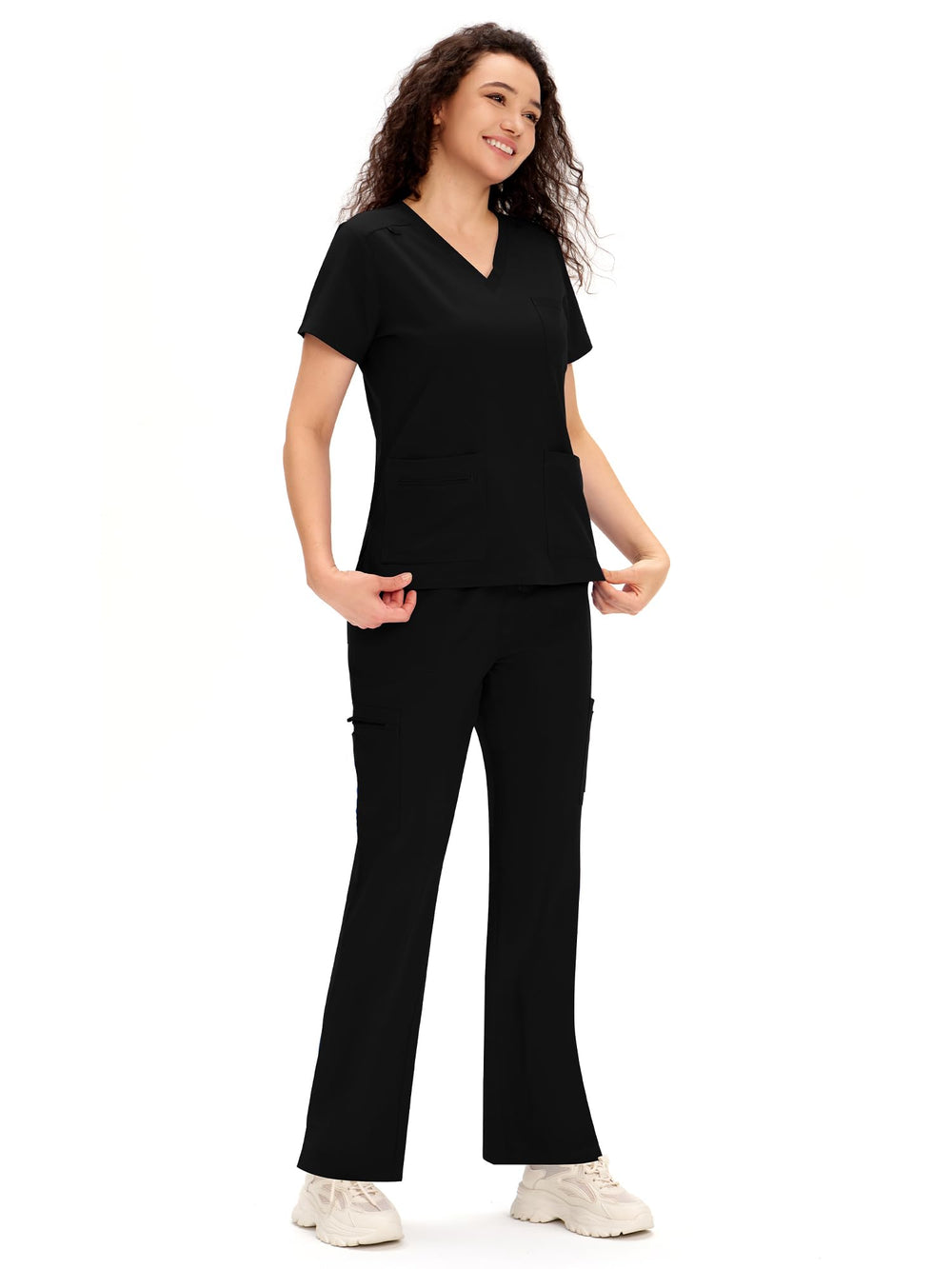 Scrubs for Women - COZY SCRUBS V Neck Top and Cargo Straight Pants, Womens Scrub Sets with 12 Pockets, Black, M