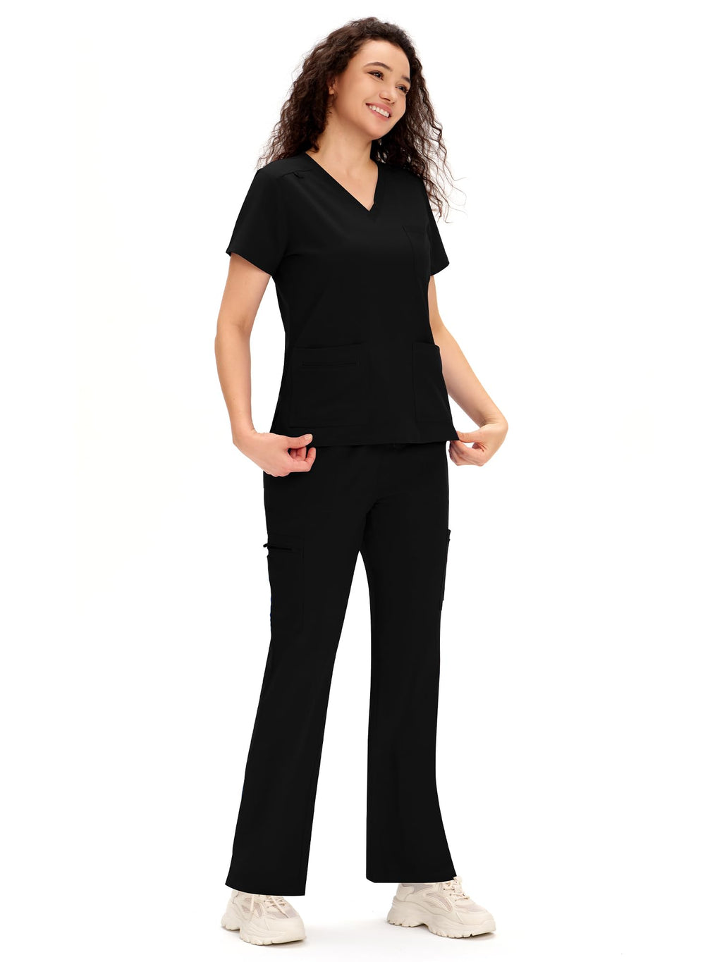 Scrubs for Women - COZY SCRUBS V Neck Top and Cargo Straight Pants, Womens Scrub Sets with 12 Pockets, Black, M