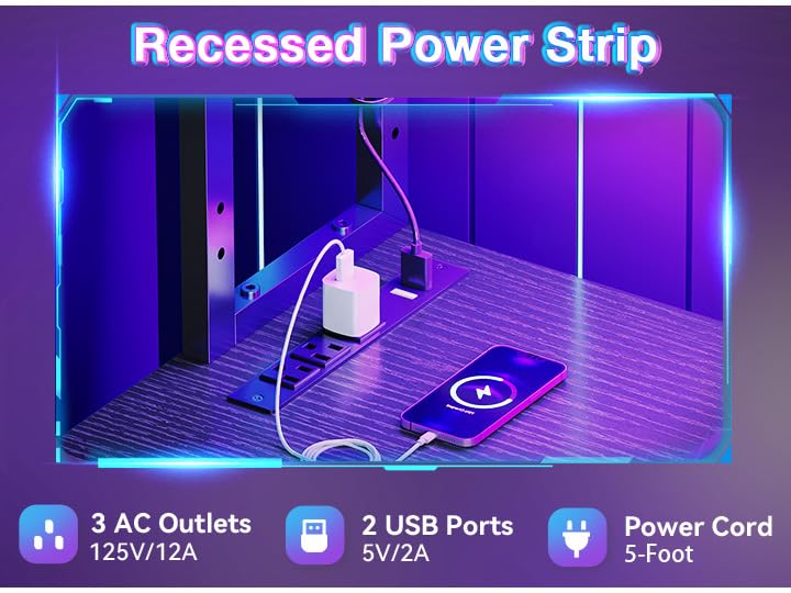 L Shaped Desk Gaming Desk with LED Light & Power Outlet, 53 Inch Reversible L Shaped Computer Table with Shelf & Storage Bag & Hook for Home Office, Black