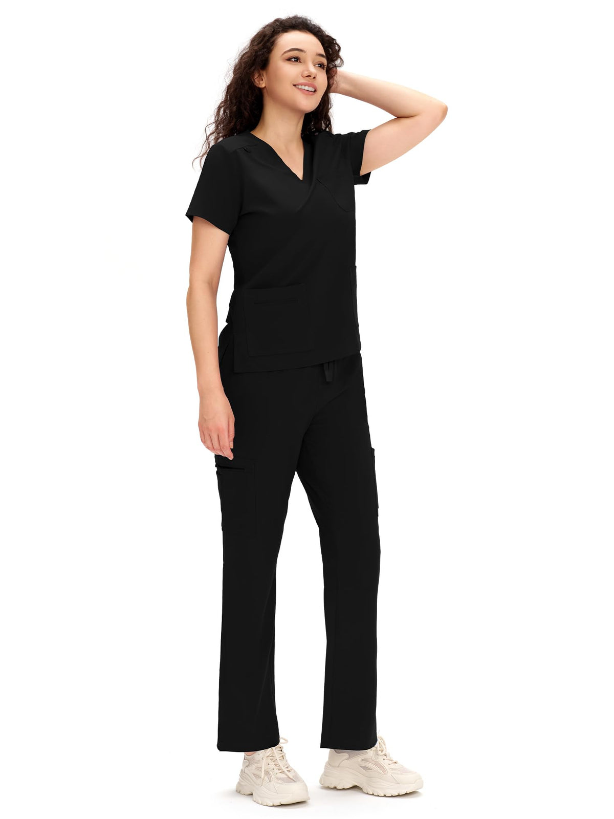 COZYFIT Scrubs for Women - COZY SCRUBS V Neck Top and Cargo Straight Pants, Womens Scrub Sets with 12 Pockets, Black, M