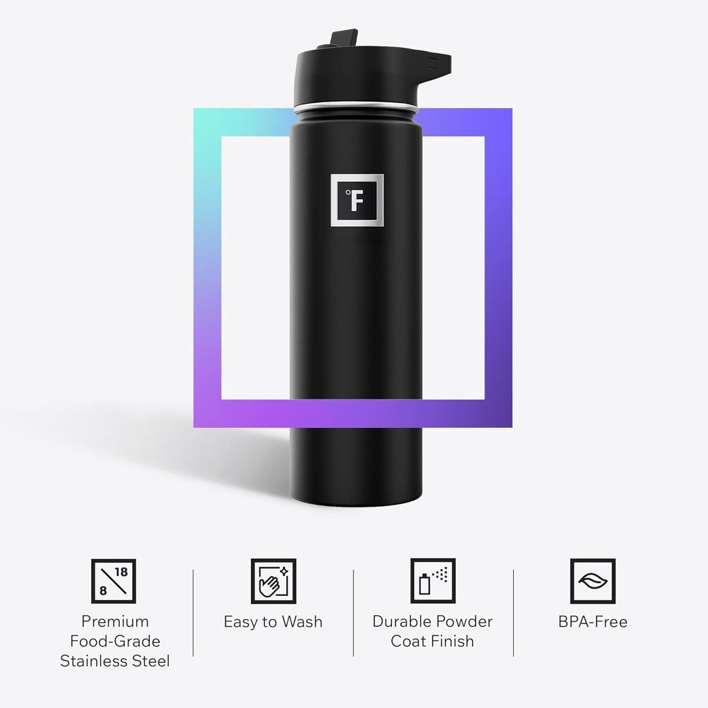 Camping & Hiking Hydration Flask with Straw, Wide Mouth Insulated Stainless Steel Sports Water Bottle - 40 oz Midnight Black