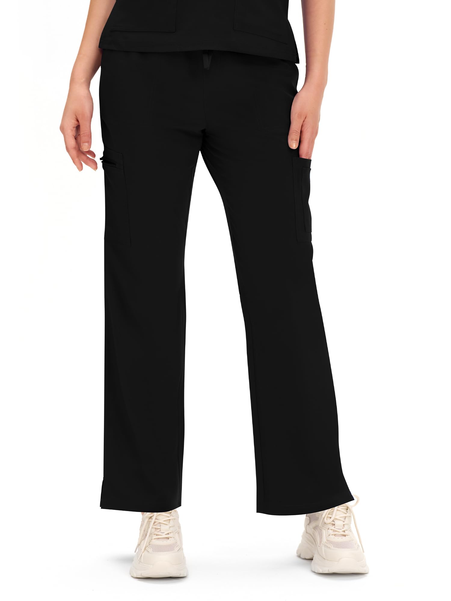Scrubs for Women - COZY SCRUBS V Neck Top and Cargo Straight Pants, Womens Scrub Sets with 12 Pockets, Black, M