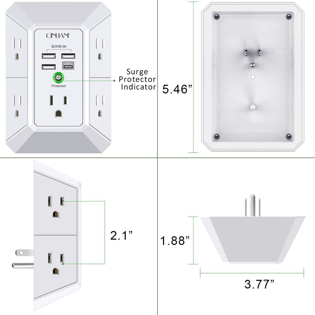 Wall Charger, Surge Protector, QINLIANF 5 Outlet Extender with 4 USB Charging Ports, 3-Sided 1680J Power Strip Multi Plug Adapter Spaced for Home Travel Office