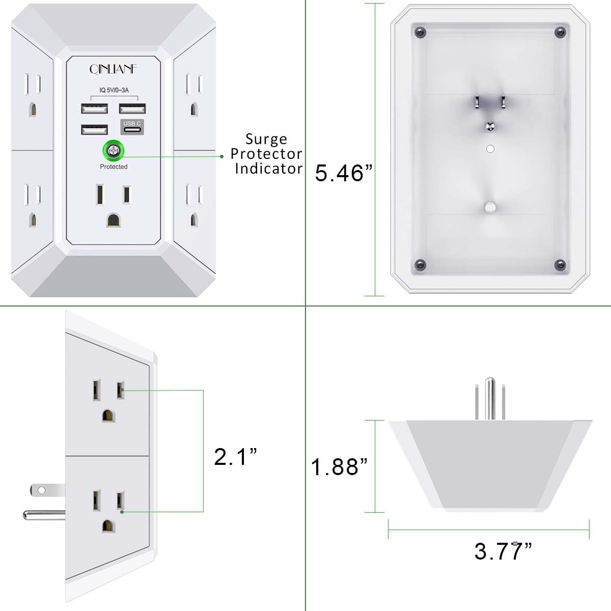 Wall Charger, Surge Protector, QINLIANF 5 Outlet Extender with 4 USB Charging Ports, 3-Sided 1680J Power Strip Multi Plug Adapter Spaced for Home Travel Office
