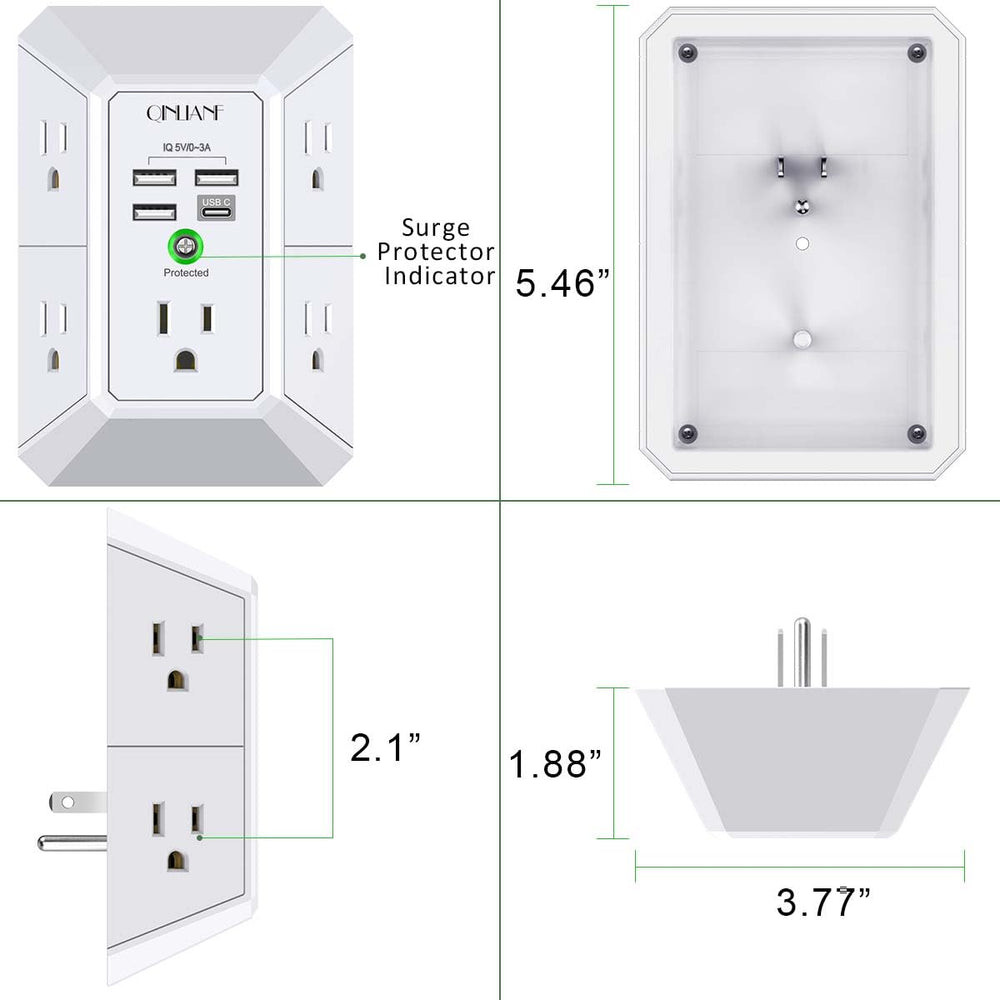 Wall Charger, Surge Protector, QINLIANF 5 Outlet Extender with 4 USB Charging Ports, 3-Sided 1680J Power Strip Multi Plug Adapter Spaced for Home Travel Office