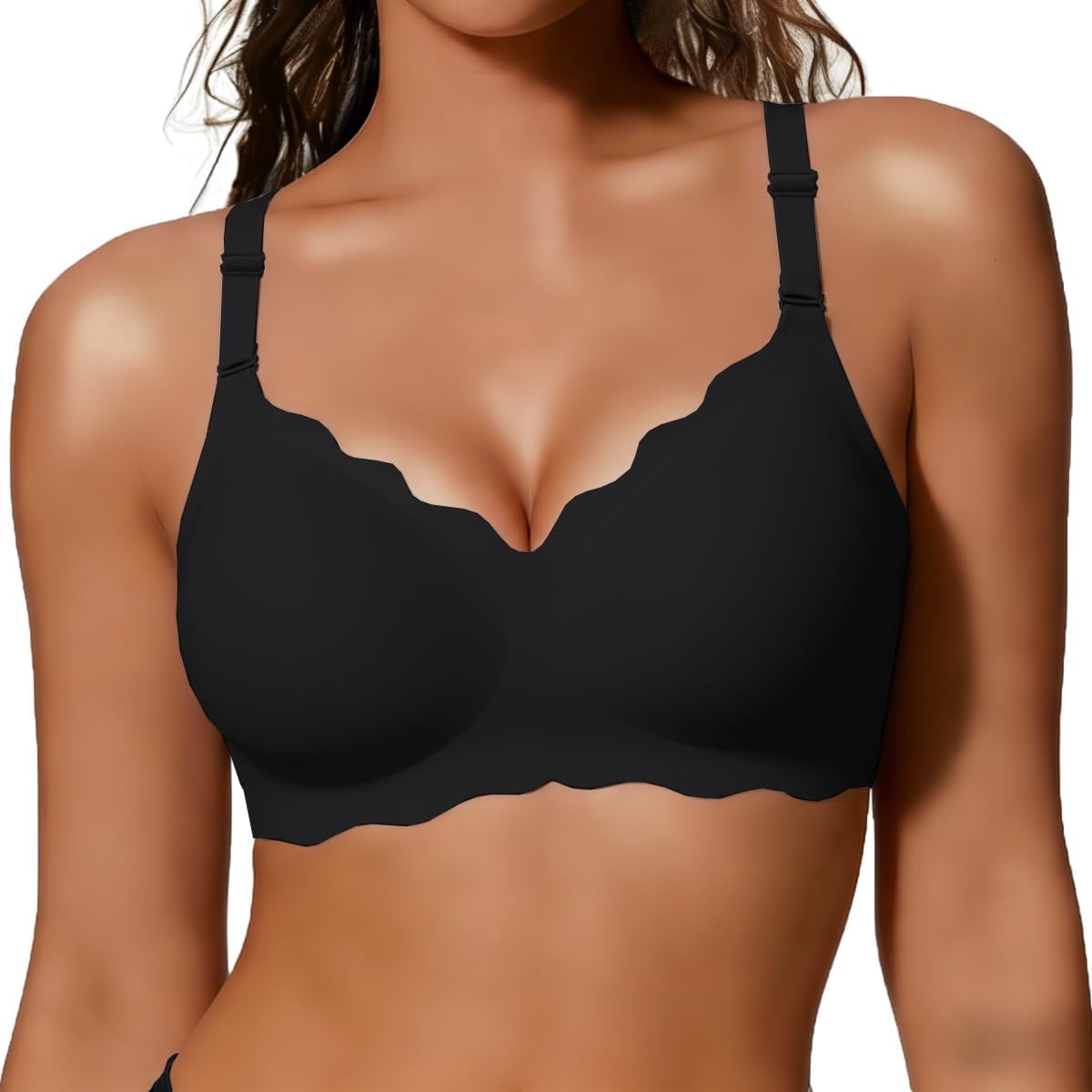 Jelly Bras for Women No Underwire Scalloped Push Up Wireless Bralettes Seamless Soft Comfort Everyday Tshirt Bra Black Large