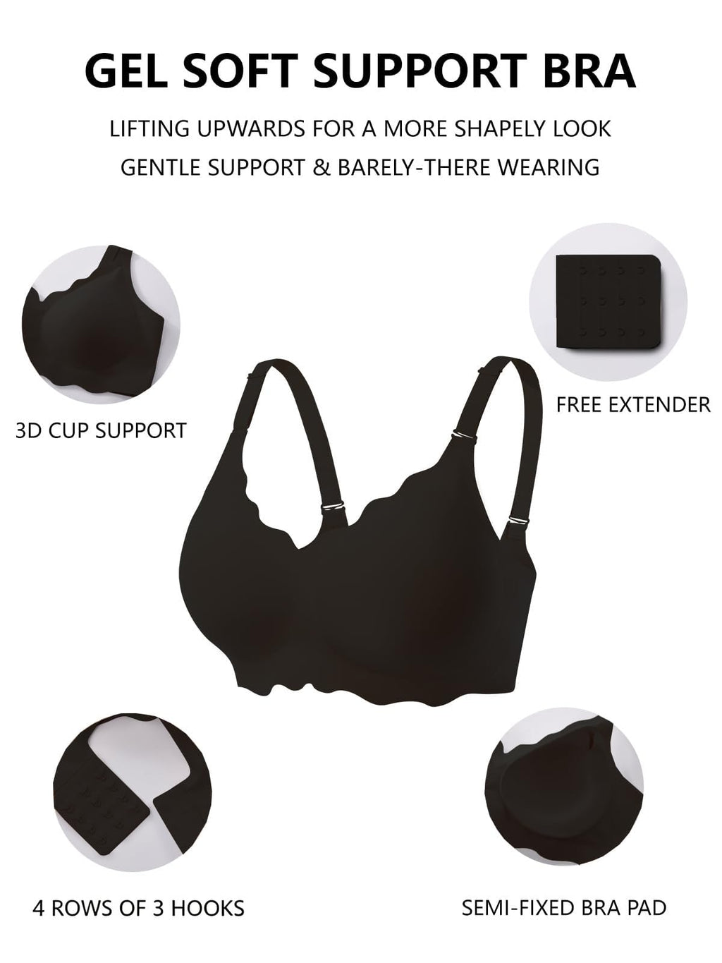 Jelly Bras for Women No Underwire Scalloped Push Up Wireless Bralettes Seamless Soft Comfort Everyday Tshirt Bra Black Large