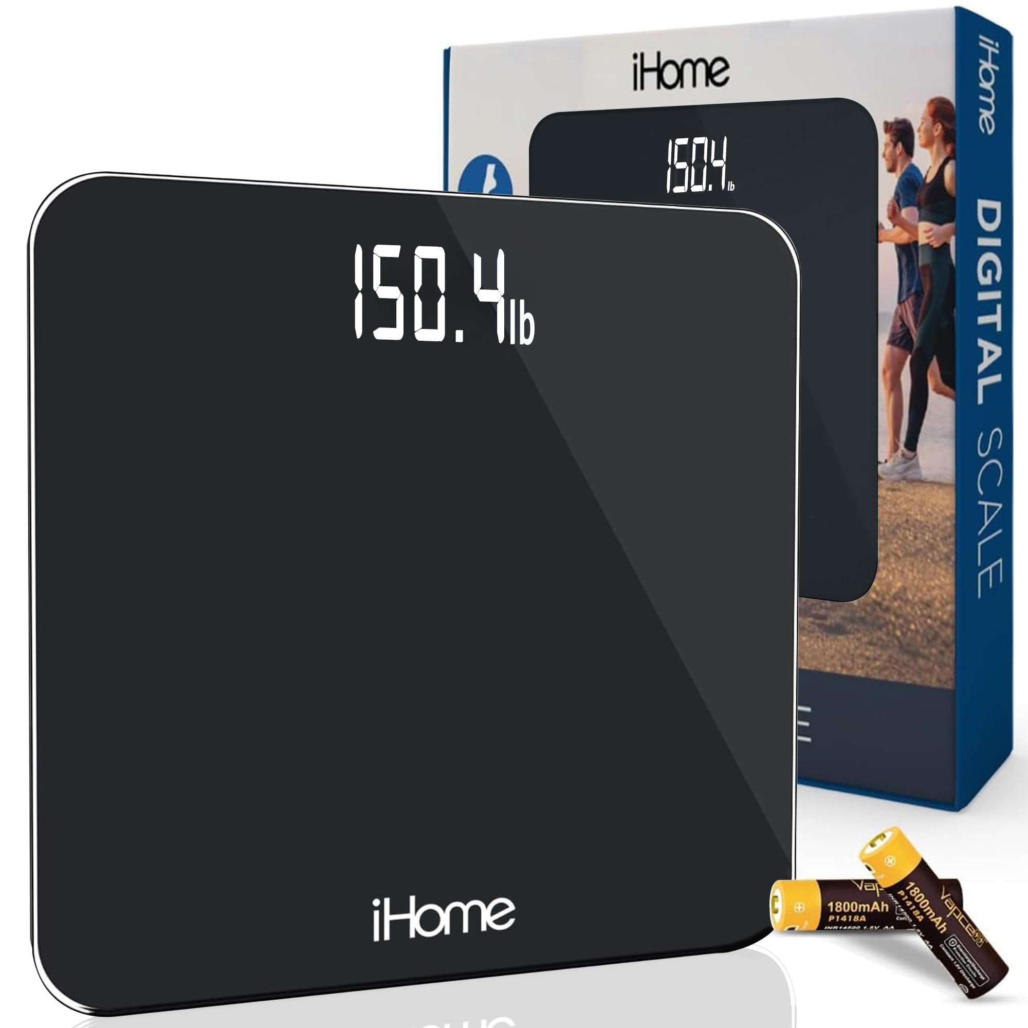 []iHome Digital Scale, Bathroom Scale, Batteries Included, Scale Body Weight, Weight Scale, Bathroom Scales for Weight, Digital Scales for Body Weight (Black)