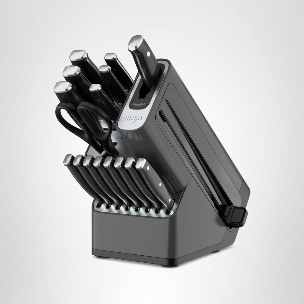 NeverDull® Knife Block Set | 17 Piece Kitchen Knife System with Built-in Sharpener | Rust Resistant, German Stainless-Steel Knives | Black | K32017