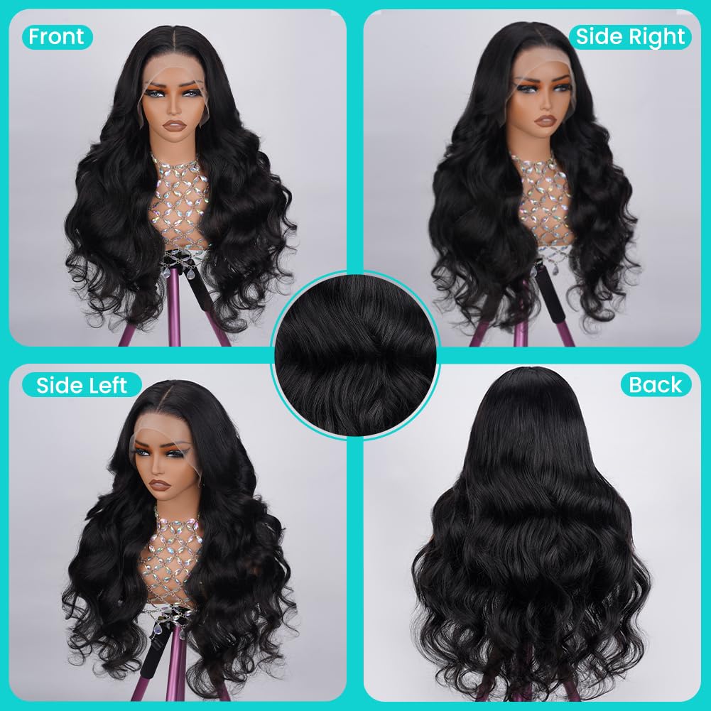 13x4 Body Wave Lace Front Wigs Human Hair Pre Plucked HD Transparent Lace Frontal Wig with Baby Hair 180% Density 9A Glueless Brazilian Human Hair Lace Front Wigs for Black Women Natural Black 28 Inch