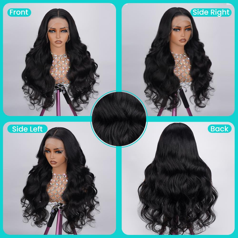 Body Wave Lace Front Wigs Human Hair Pre Plucked 13x4 HD Transparent Lace Frontal Wig with Baby 180% Density Brazilian Virgin Human Hair Lace Front Wigs for Women Natural Black Color 24 Inch