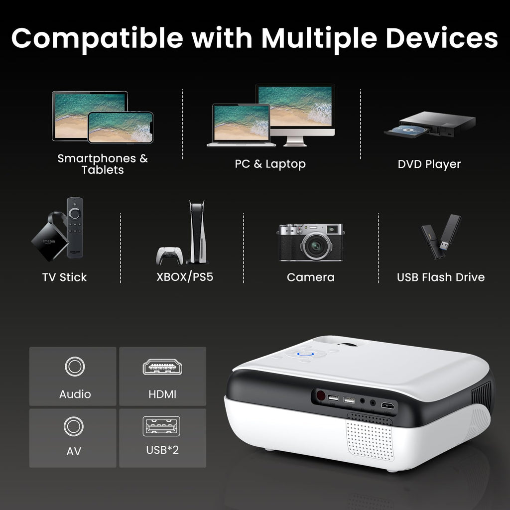 Native 1080P Projector, Bluetooth Home Theater Movie Projector with Built-in Speaker, Compatible with Smartphone, HDMI, Fire Stick, PS5, Indoor & Outdoor Use - Without Google TV System